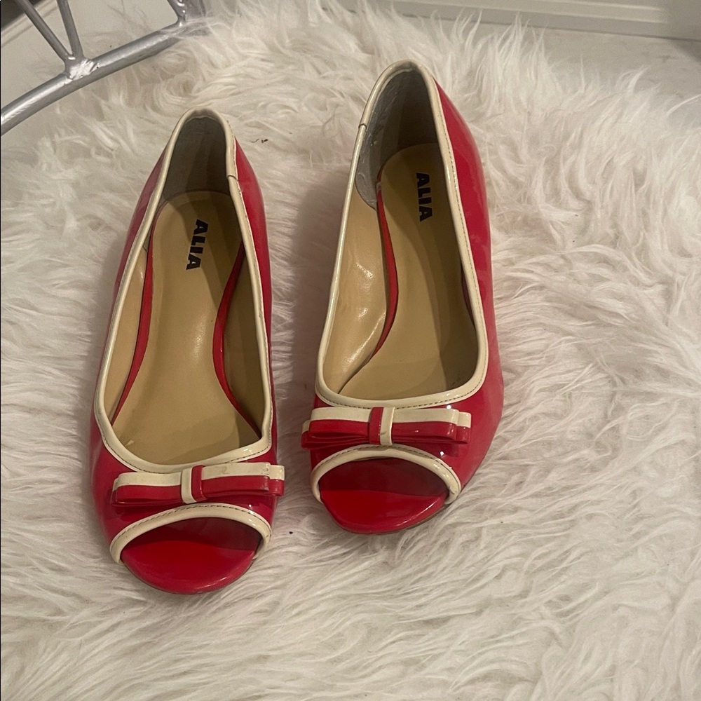 Alia Red and Cream Bow Peep Toe Flats